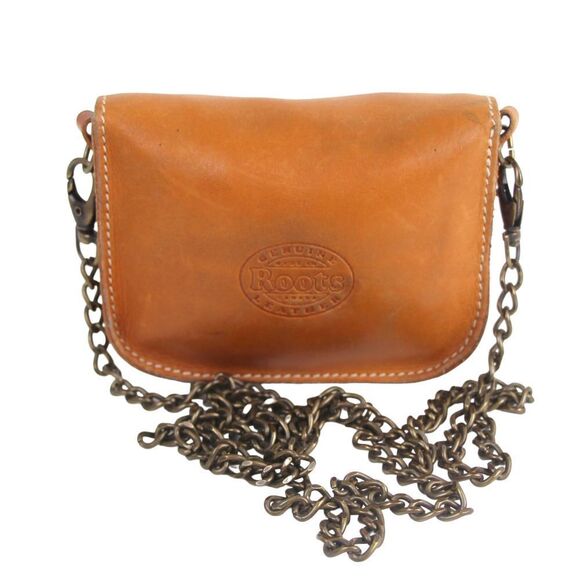 Roots TAN BROWN GENUINE LEATHER CHAIN FLAP X-BODY SHOULDER BAG MINI PURSE CLUTCH - Picture 4 of 15
